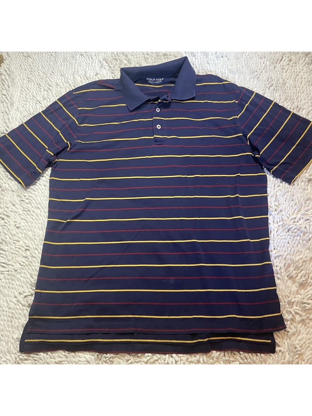 Polo Golf Ralph Lauren Mens M Navy Red Yellow Striped Cotton Stretch Polo Pocket